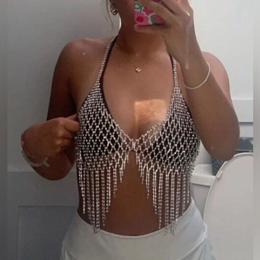 New Rhinestone Bra Top Body Chain Bikini Accent - Picture 2 of 16